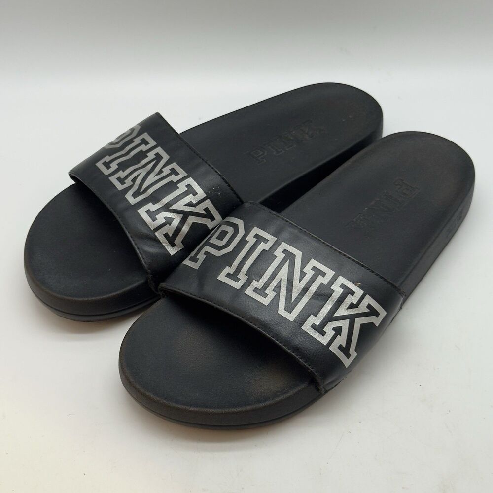 Victoria's Secret Pink Slides Women's 9 Black Silver Beach Pool Sandals Slippers